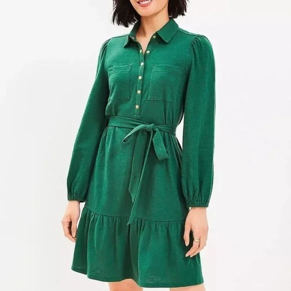 long-sleeve green button-down LOFT shirtdress with matching waist tie